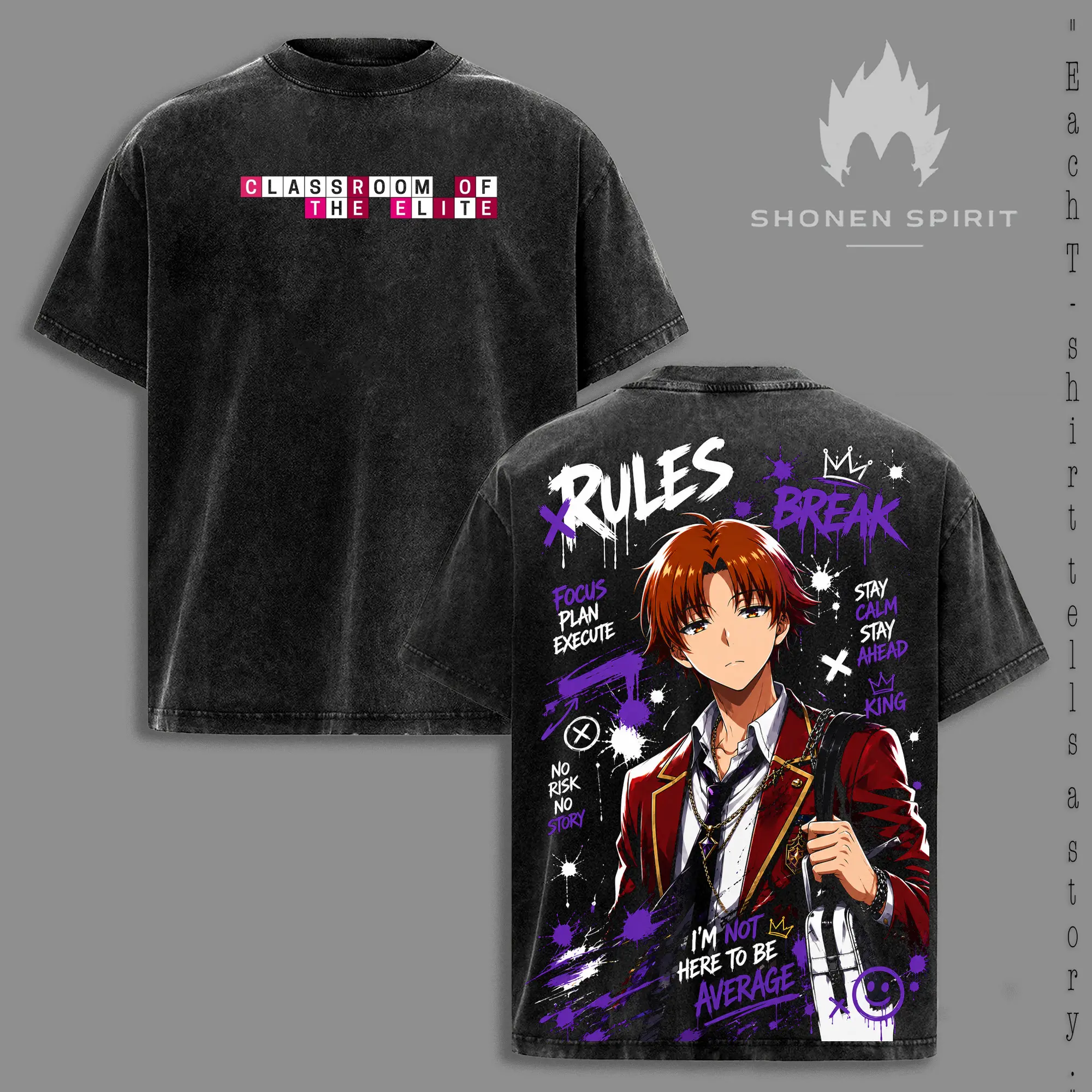 Kiyotaka Ayanokoji Vintage Washed T-Shirt, Classroom of the Elite Anime Graphic Tee, Double-Sided Oversized Heavyweight Cotton Shirt, Japanese Manga Streetwear, Anime Fan Gift
