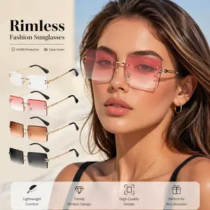 Luxury Rimless Square Sunglasses for Women Men, Oversized Gradient Lens Frameless Rectangle Shades, UV400 Fashion Designer Sunglasses with Gold Metal Temple ,Summervibes