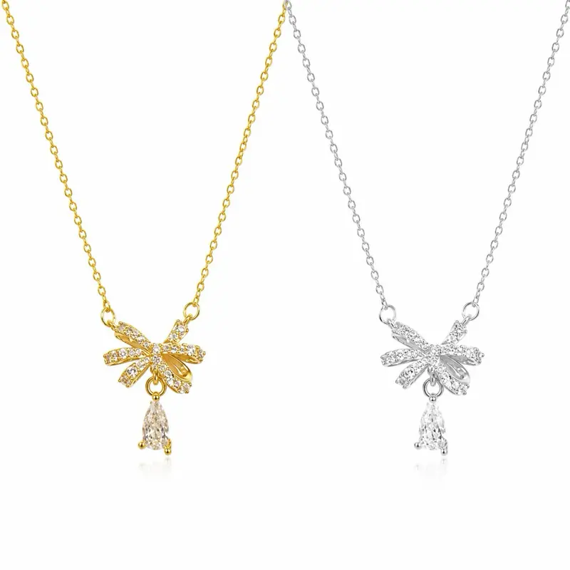Crystal Bow Necklace – 18K Gold Plated CZ Pendant
