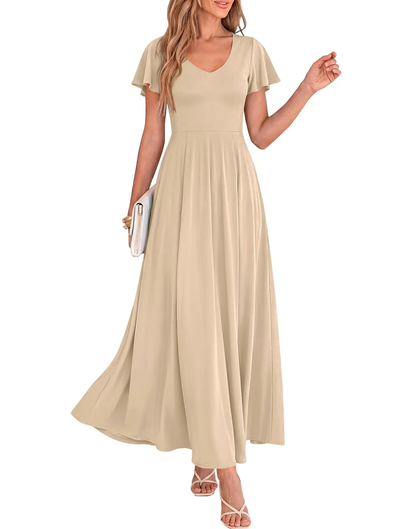 BTFBM Formal Dresses for Women Summer Outfits V Neck Ruffle Sleeve A Line Maxi Elegant Cocktail Wedding Guest Dress #Clearance