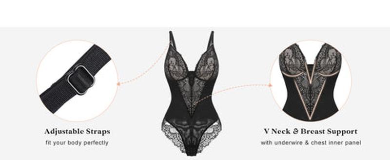 Popilush The Shapewear Bodysuit Deep-V Neck Lace Bodysuits Basic Womenswear Tops Or Leather Skirts Underwear Sleeveless