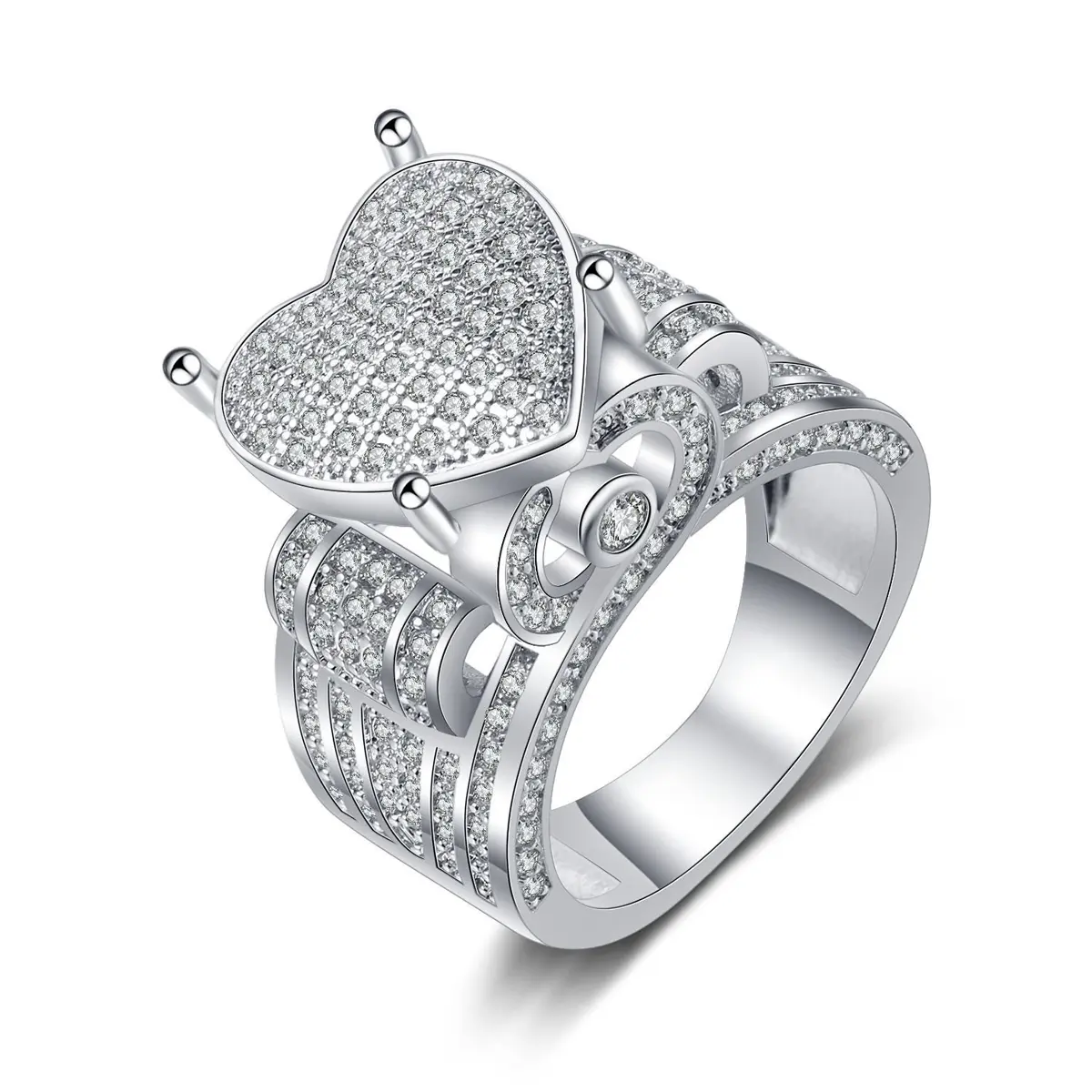 Paved Micro Zircon Heart Crown Top，Sparkling Full Diamond Heart Crown Setting， Luxurious Statement Women Jewelry