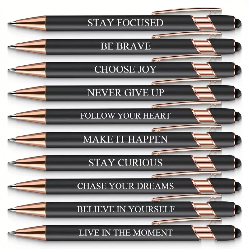 10-Pack Black Motivational Pens with Stylus Tip - Engraved Quotes, Smooth Writing, Enhance Writing, Digital Tasks Compatibility, Office Accessories, Back to School Haul Ideal Gifts for Students