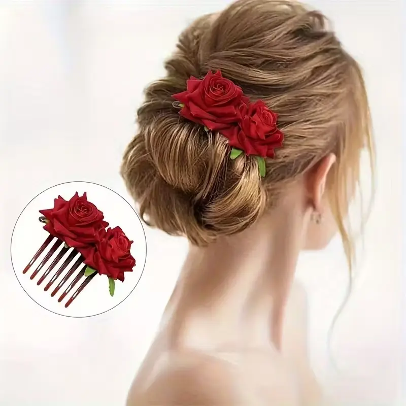 Boho Rose Flower Hair Comb Set, Artificial Flower Hair Accessory, Stylish Hairpin for Updos, Elegant Floral Headpiece