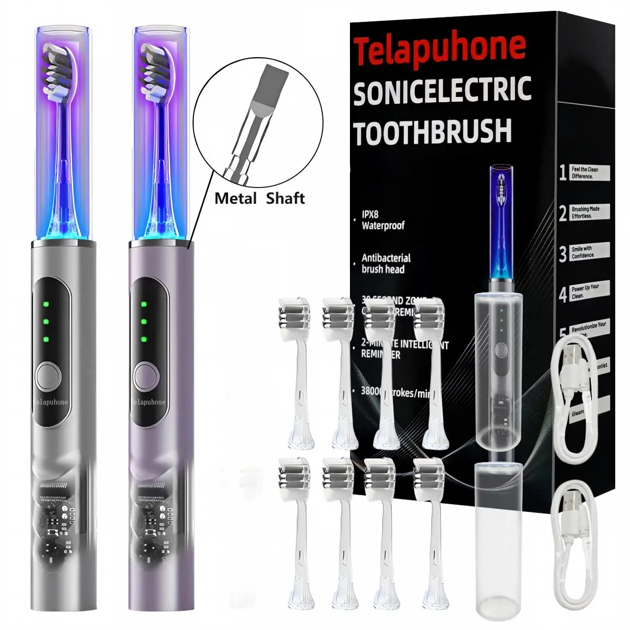 （14pcs）IPX8 Sonic Electric Toothbrush for Adults with Brush Head Care Mode - 6 Modes（2 host +8 replacement brush head +2 USB charging cable+2 Dust cover）Sonic Electric Toothbrush For Adults
