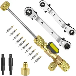 Valve Core Remover Installer Tool & HVAC Service Wrench Set with Hex Bit Adapters dual size sae