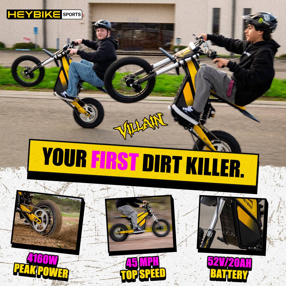 HEYBIKE-VILLAIN Electric Bike | Peak Power 4160W | 190N·m Torque | Top Speed 45 MPH | Range Up to 50 Miles | 52V 26Ah Removable Battery | All-Terrain Fat Tires | Hydraulic Suspension | IPX6 Waterproof | Magnetic Safety Cut-Off
