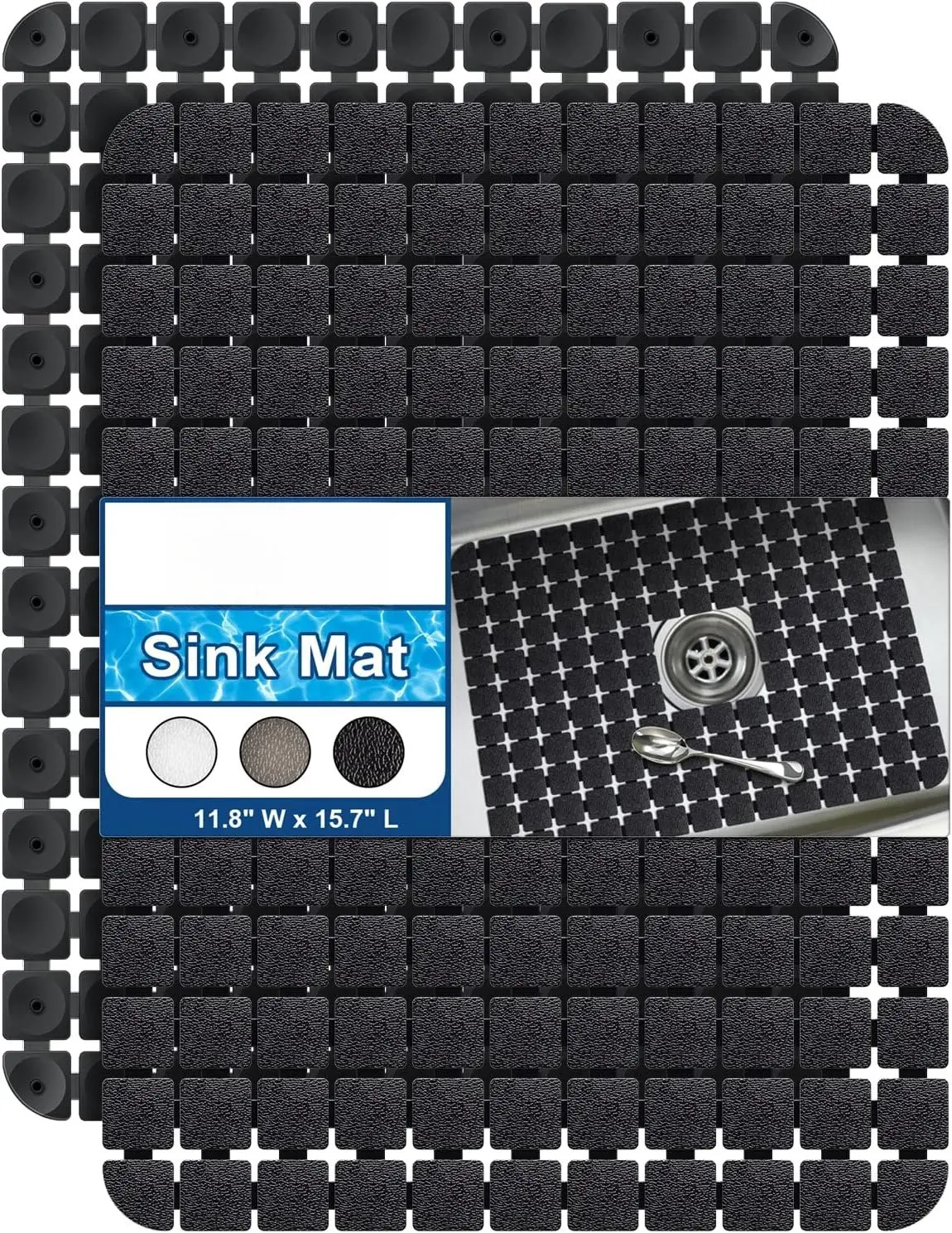 Bigli Odourless Cushioned Durable PVC Sink Mat Protectors, 2-Pack 15.7 x 11.8 inches, Fast Water Draining for Stainless Steel/Ceramic Sinks (Black), Synthetic, Practical