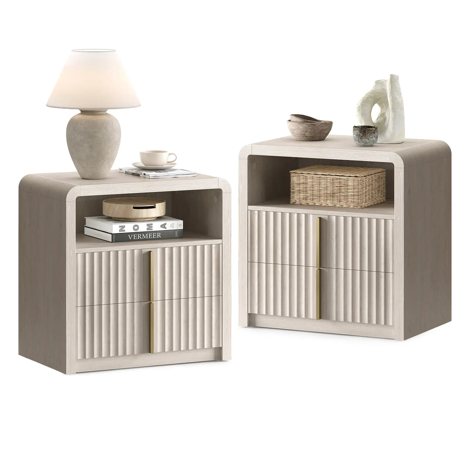 ModernMate Set of 2 White Alder Nightstands - 23.6" Narrow Width Compact Design Modern Bedroom Furniture, 2-Drawer Arc-Edge, Wave Detailing, Solid Metal Handles, Thick Pedestal Base Glide Bedside Tables, Nightstand