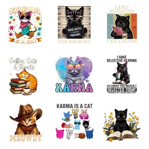 9 Pieces of Cat Theme Iron-On Patches, Multicolor Mixed Hot Transfer Stickers, High-Quality Graphic Designs for DIY T-Shirts Backpacks Clothing Decorations