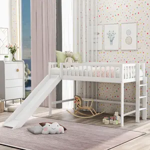 Dreamzon Twin Size Low Loft Bed with Ladder and Slide,White(OLD SKU:WF196418AAK)