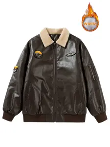 Men's bomber jacket, PU leather design, wool lapel, regular jacket, zipper opening and closing,lazy boy casual outdoor wear winter jacket shearling jacket