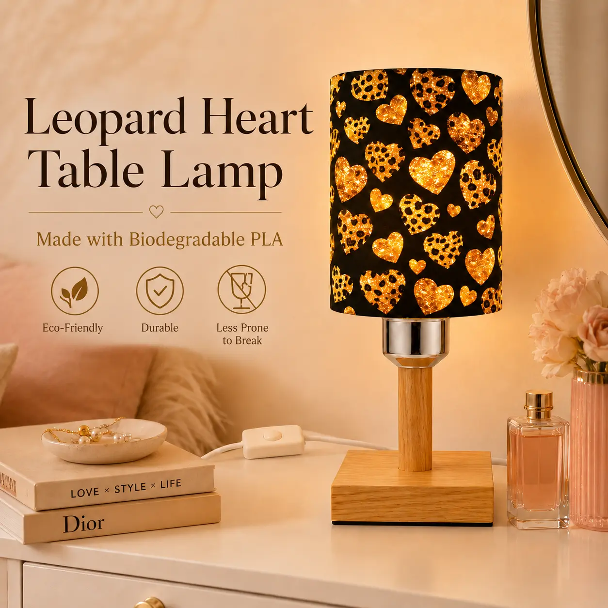 CXTVOVZSSY Leopard Print Heart PLA Table Lamp, USB-Powered with 1-Touch On/Off, Pre-Assembled Solid Wood Square Base Warm Light Glam Decor Lamp for Bedroom Vanity Gift
