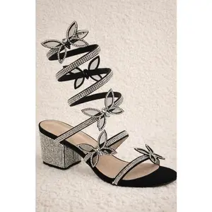 Butterfly Rhinestone Spiral Wrap Block Heels