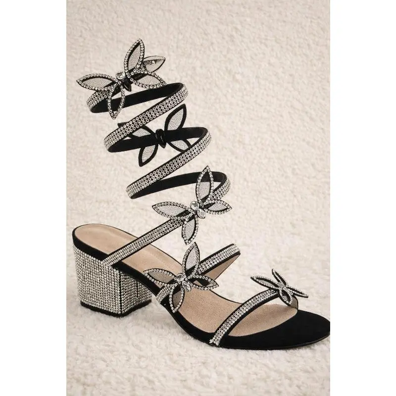 Butterfly Rhinestone Spiral Wrap Block Heels