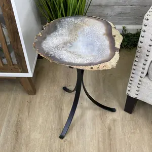Natural Brazilian Agate Side Table on a black metal base, 22.5" tall #1305-0138