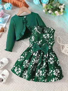 Baby Girls Floral Print Vest Dress & Knit Cardigan Set, Spring Autumn New Arrival, Cute Toddler, Baby Girl Clothes, 2 Piece Set