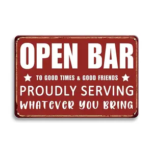 Vintage "Open Bar" Metal Sign - Retro Wall Decor For Home Bars & For Man Caves, Proudly Serving Whatever You Bring, Metal Wall Art Decor, Perfect For Room Decor