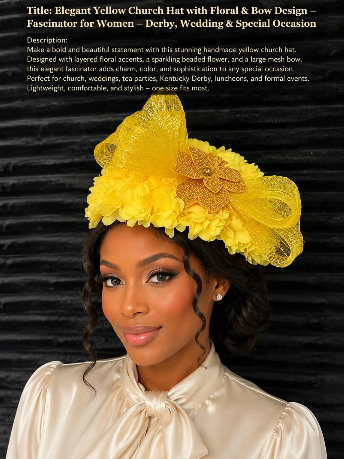 Elegant Yellow Church Fascinator Hat for Women – Handmade Floral Derby Hat – Wedding, Tea Party & Special Occasion Headpiece