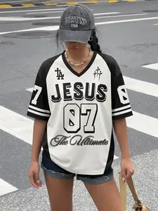 American Retro Sports Style Jersey - Black & White Color Block V-Neck "Jesus Gym" Fitness Jesus Print Loose Casual Short Sleeve Top Sporty T Shirt