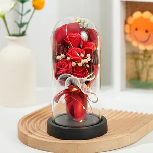 Valentine's Day Eternal Flower 7 Roses Bouquet Dried Flowers Gypsophila Glass Dome Flower Light Party Holiday Gift Home Decoration Decorative