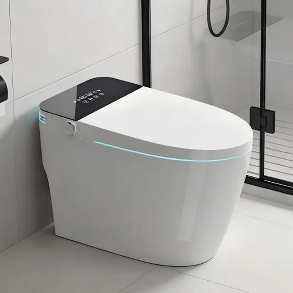 1-Piece Tankless Smart Toilet with Built-In Bidet Seat, Auto Flush, Auto Open-Close, Heated Seat, Warm Water Dry, Adjustable Temp, Remote Control, Antibacterial, Powerful Flushing Tech, Reusable, Water-Resistant, White with Black Panel, 26.75x15.25x18in