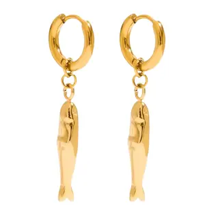 Sardine Fish Dangling Huggie Hoop Earrings - Pair - 18K Gold Plated Stainless Steel