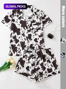 Women's Cow Print Notched Neck Crop Shirt & Shorts 2-Piece Pajama Set, Elegant Comfy Short Sleeve Top & Shorts PJ Set, Ladies Sleepwear for All Seasons, Casual Sleepwear Set