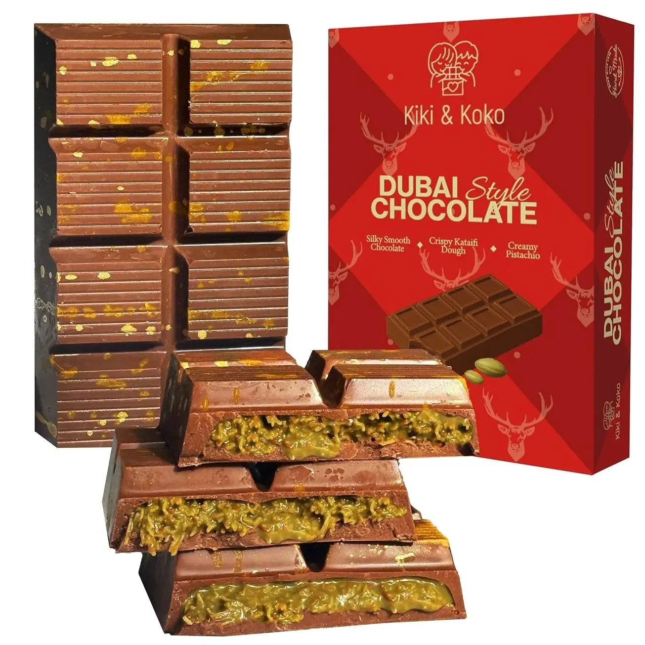 Dubai Chocolate Pistachio Bar 6.5oz - Handmade Kunafa Baklava-Inspired Dessert with European Milk Chocolate and Pistachio Cream
