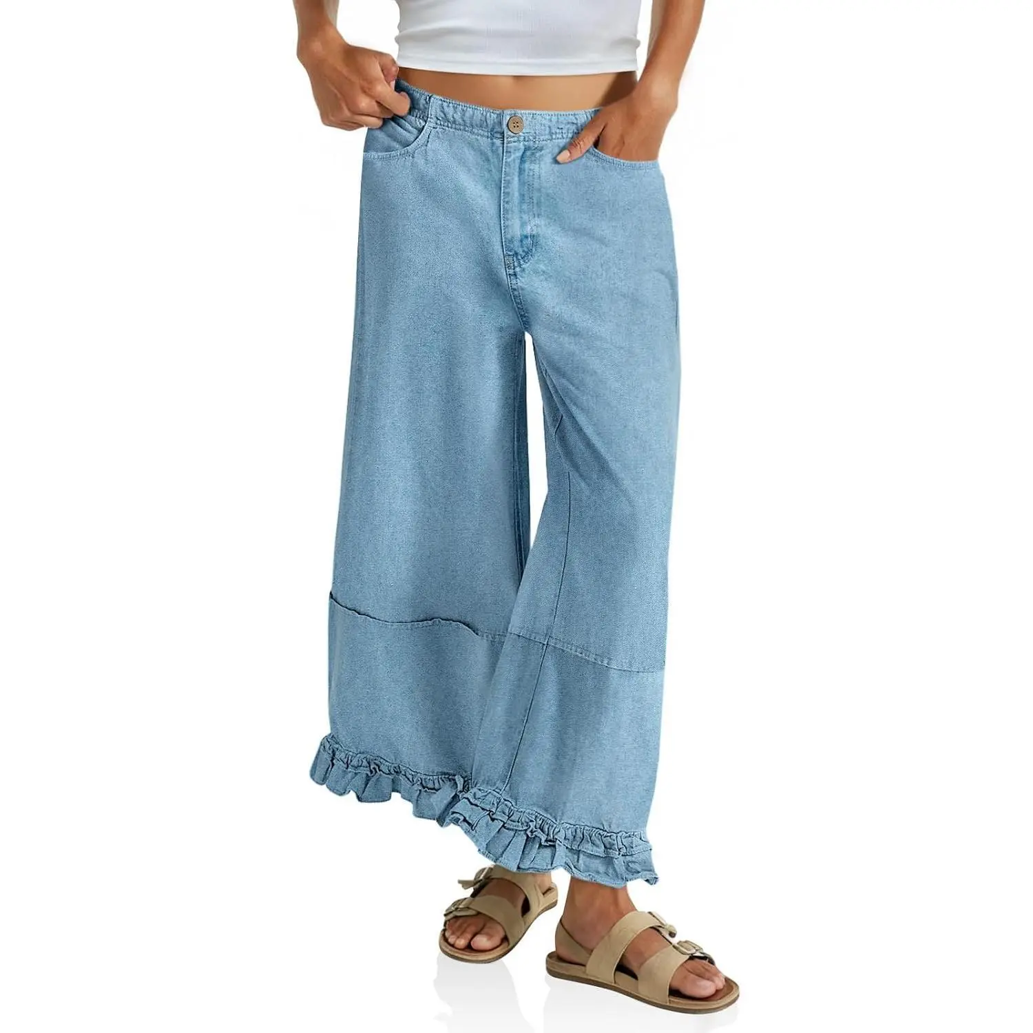 Imily Bela Women's High Rise Baggy Wide Leg Jeans, 90s Streetwear Denim Bottoms with Ruffle Hem and Elastic Waist, Oversized, Beach, Wide Leg Pants, Alternative Style, 90S Look, Relaxed Fit, Light Wash Baggy Jeans, Loose Straight Leg Jeans
