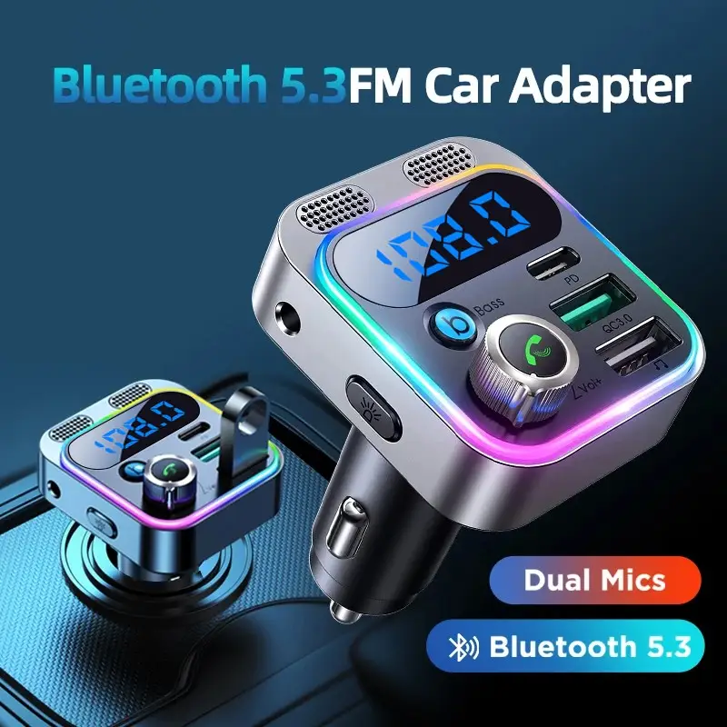 Multifunctional Wireless FM Radio Transmitter for Car, MP3 Music Player, Car charger with Type C and dual USB ports,with Ambient Light & Hands-free Ph