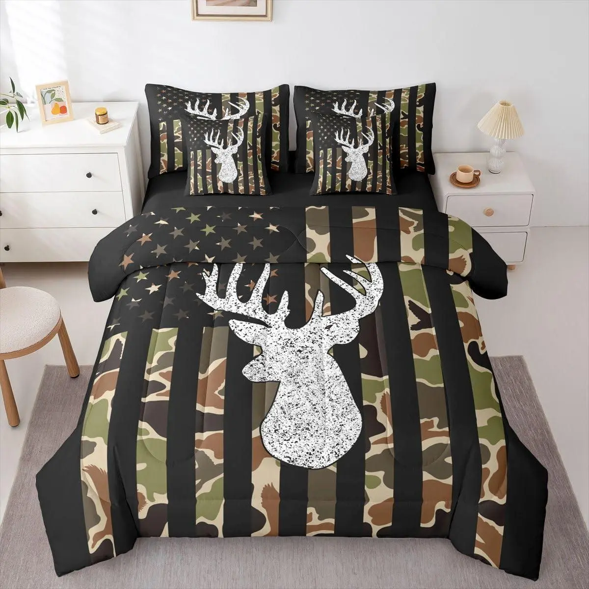 Deer Hunting 7 Piece Bedding Set,Kids Camo Deer Comforter Set with Sheets,Pillowcases & Cushion Cover for Boys Girls American Flag Camouflage Bed in a Bag Microfiber Western Farmhouse Wild