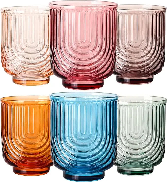 Colored Vintage Drinking Glass Set of 6-14Oz Colorful Water Glassware, Art Deco Ripple Highball Glass, Whiskey Cocktail Glasses, for Bar Beverages Ice Coffee Juice, Housewarming Gifts summerwins