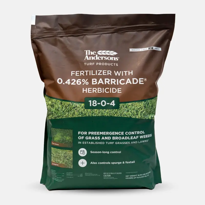 The Andersons 18-0-4 Professional-Grade Premium Granular Fertilizer, 0.426% Barricade Pre-Emergent Weed Killer & Crabgrass Block, Fast-Dissolve Garden Fertilizer for Early Spring & Fall Outdoor Lawn Use