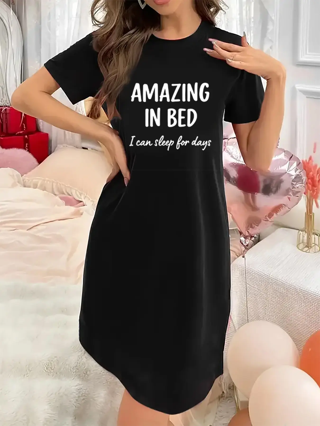 Soft & Slightly Stretchy Women's Nightgown Crew Neck Short Sleeve with Amazing in bed I can sleep for days Print Sexy Elegant Youthful Perfect Gift for Christmas Mother's Day Valentine’s Day and New Year sexy lace home pajama