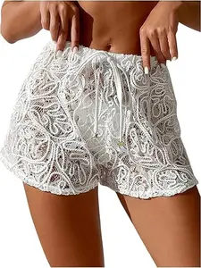 Women's Cover Up Shorts Hollow Out High Waist Bikini Bottoms Drawstring Beach Coverups Bathing Suit Swimsuit Bottom
