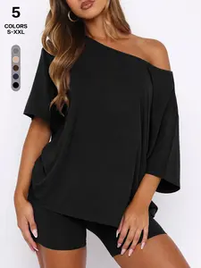 Women's Lounge Sets Two Piece Short Pajama Set, off Shoulder Pjs, Batwing Sleeves, Loose-Fitting, Summer, All Seasons, Sexy Style