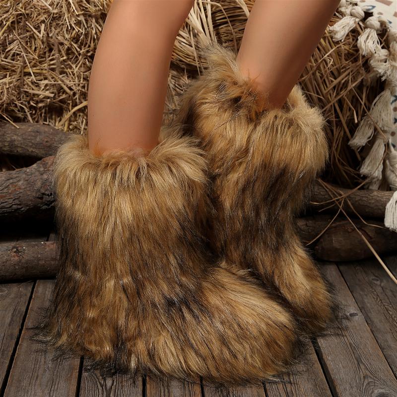 Women's Plush Boot Furry Fluffy Comfortable Mid-Calf Boots Round Toe Warm Lined Snow Boots Y2K Outdoor Outdoor Fashion Boots Shoes