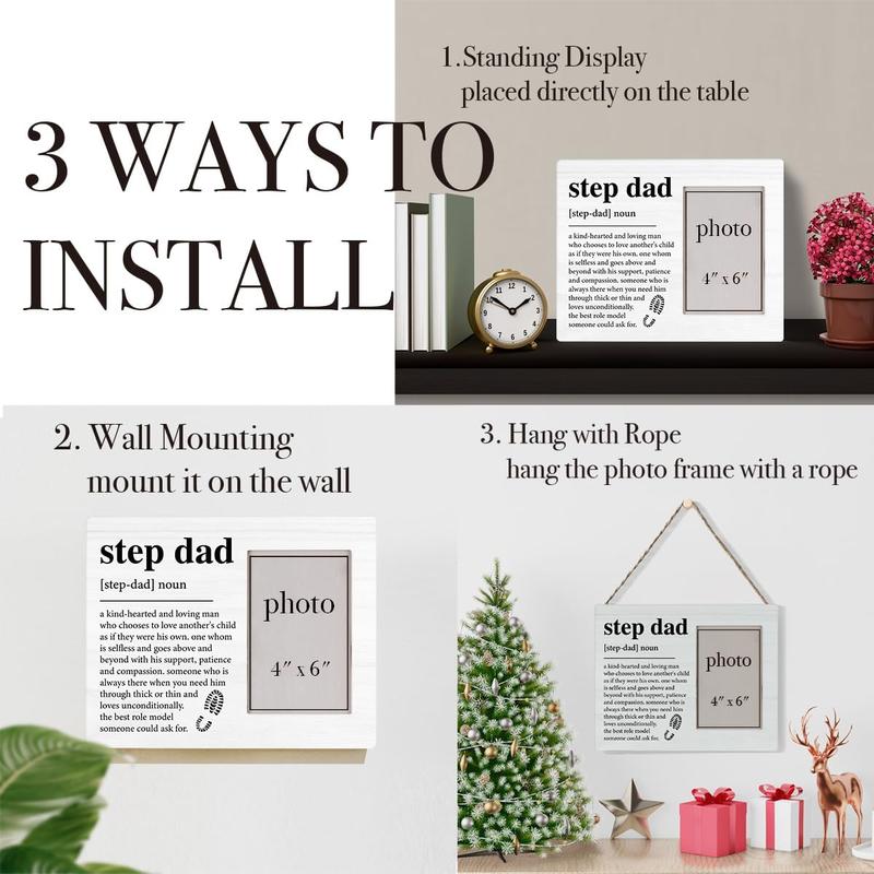 Step Dad Stepfather Bonus Dad Gift, Stepfather Wood Picture Frame Gift Step Dad Definition Wooden Photo Frame Gift for Father's Day Christmas, Tabletop and Wall Mounting, Display Photo 4x6 Inch