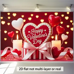 Romantic Happy Valentine's Day Backdrop – Heart Cookie, Red-White Balloons & Candle Decor, Perfect for Valentine's Gatherings & Sweet Home Decor, Brings Warm Romantic Vibe, Ideal Valentine's Gifts, 2D Print Backdrop