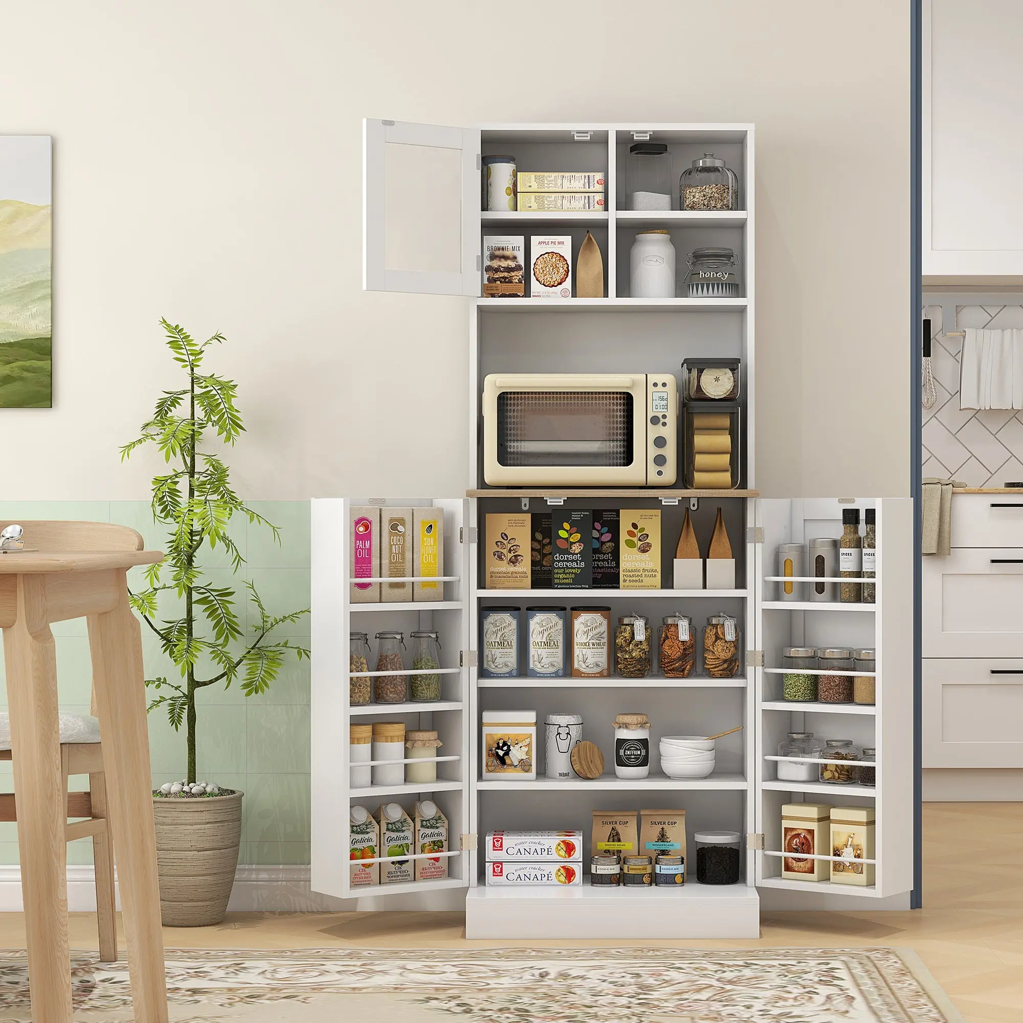 66.5" Tall Kitchen Pantry Cabinet, Kitchen Hutch, Microwave Cabinet with Adjustable Shelves for Dining Room, White