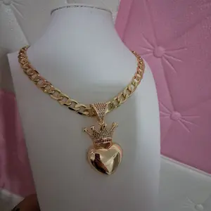 14K Gold Cuban Link Chain 8mm 18” with Crown Heart Pendant – Luxury Style