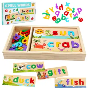 1 Count HELLOWOOD Wooden Alphabet Learning Game for Toddlers, Wooden Letter Puzzles with Flash Cards & Storage Box, Montessori Educational Spelling Toys for Kids Ages 3+ Years Old, Ideal Gift for Birthday & Holiday, Wooden Peg Puzzles