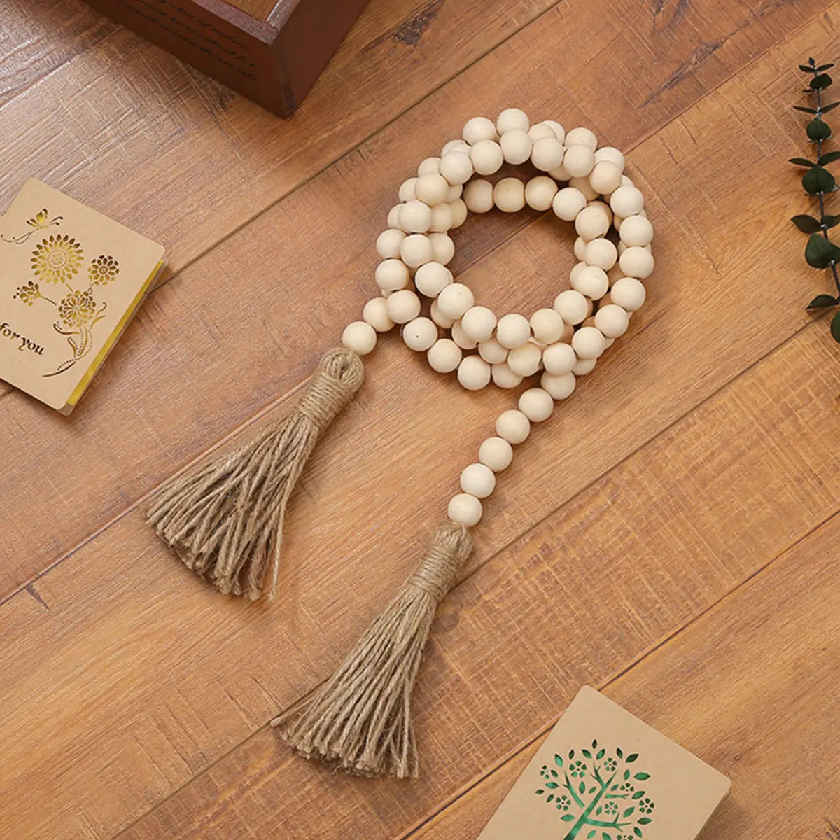 Artistic Round Christmas Wood Bead Garland with Decorative Tassels - Boho Rope-Tassel String Hanging Ornament for Door, Living Room Walls, Christmas Home Decoration