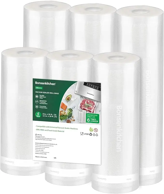 Vacuum Sealer Rolls Bags, 6 Pack – 3 Rolls 11" x 20' + 3 Rolls 8" x 20', Commercial Grade BPA-Free Bag Rolls, Durable Custom Size Food Vacuum Bags for Storage and Sous Vide Cooking