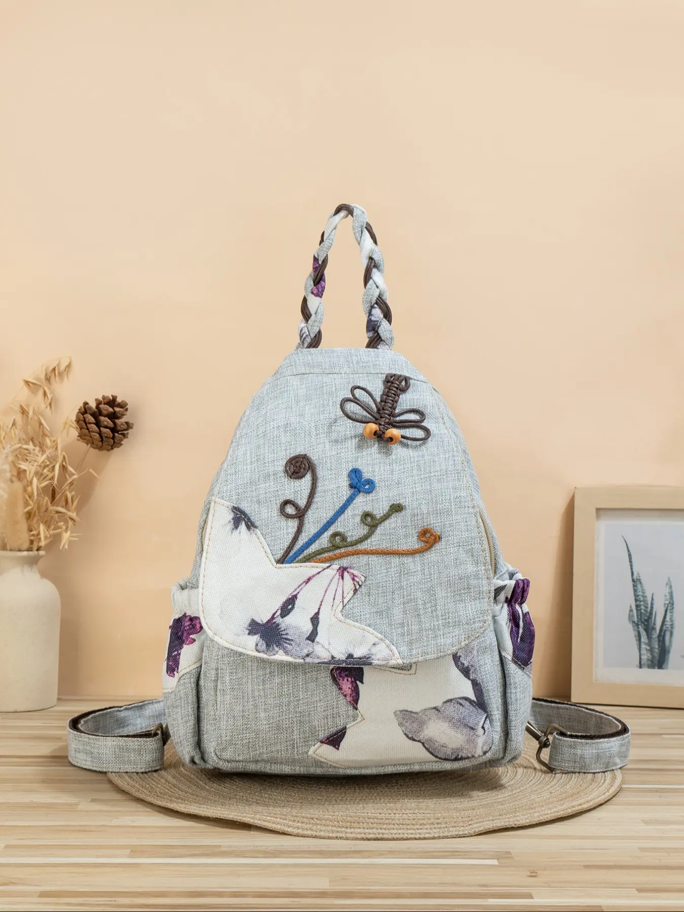 Boho Style Handwoven Dragonfly Backpack, Multi-Layer Flap Chest Bag, Two-In-One Shoulder Bag, Random Cut, Ethnic Wind, Trendy Backpack