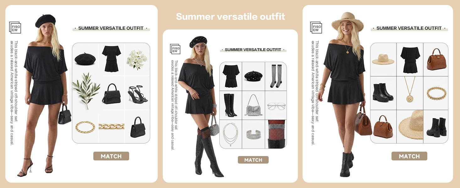FISOEW Sports 2026 Summer Spring Women's dresses, Draped Off-The-Shoulder Mini Dress,suitable for beach vacations and leisure holidays, party dresses. Fit Casual Black Style Womenswear,summerwins,summeroutfits,vacationoutfits,beachoutfits