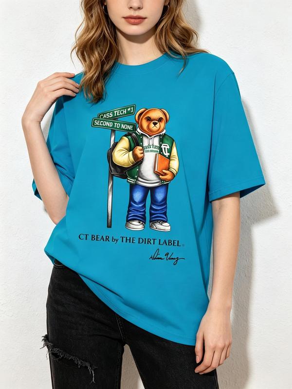 Women's Soft Cotton Fitted Crew Neck Short Sleeve Top - Cass Tech Bear Heat Transfer Graphic, Basic Classic Cute Boho Lightweight Casual Cropped T-Shirt for Daily Wear, Thanksgiving