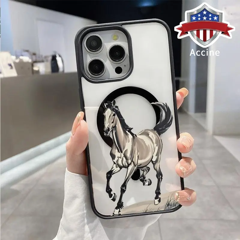 Retro Running Horse Pattern Magnetic Phone Case for iPhone 16 15 14 Pro Max 13 12 11 XR E XS Plus Anti-Yellowing Shockproof Lightweight Transparent Acrylic Soft Cover Supports Wireless Charging.