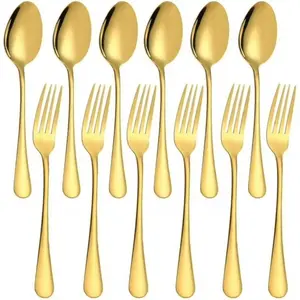 Set of 12, Gold Plated Stainless Steel Dinner Forks and Spoons, Forks ( 8 Inch ) and Spoons ( 7 Inch ) Cutlery Set- Gold